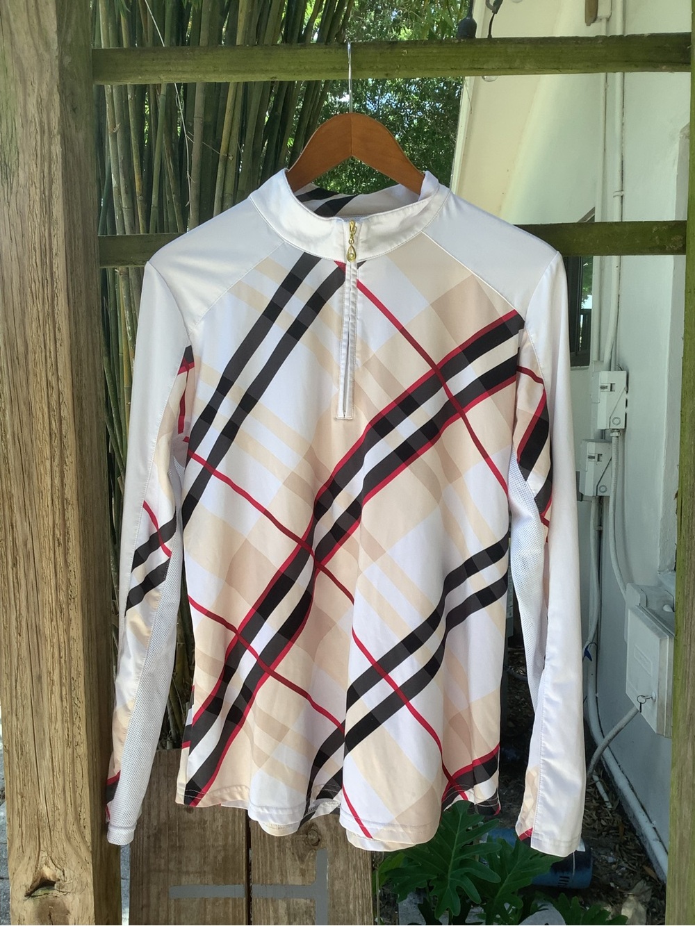 San Soleil Equestrian sun shirt Classic Plaid Long Sleeve Zip-Front Top - White